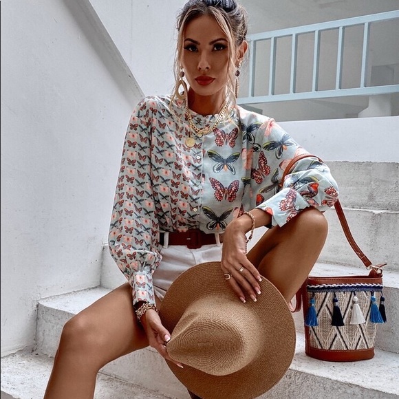 Multicoloured Asymmetrical Butterfly Print Botton Up Blouse - Picture 2 of 6